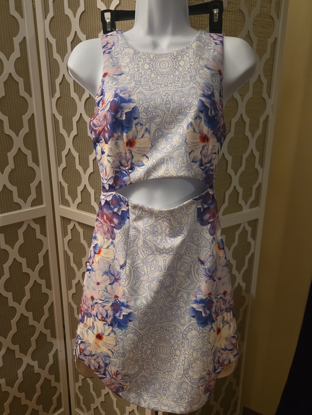 Floral Cutout A-Line Dress in Blue, Lavender and White